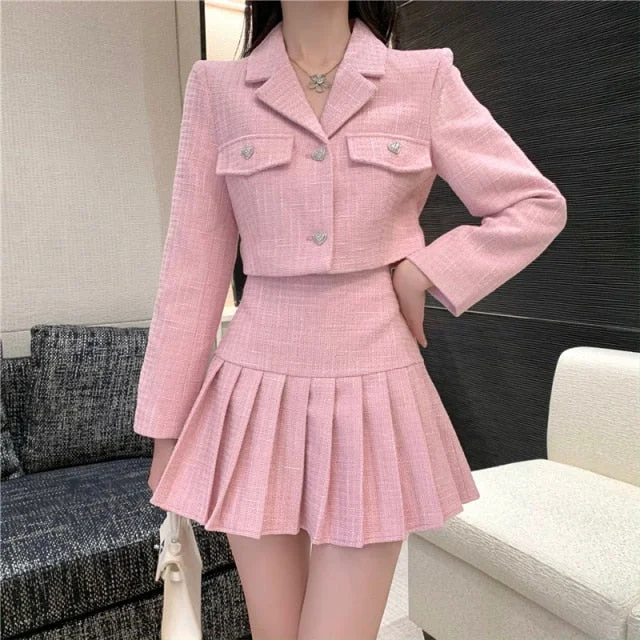 Sweet Pink Tweed Crop Top Short Coat + Pleated Skirt Sets SP16995R