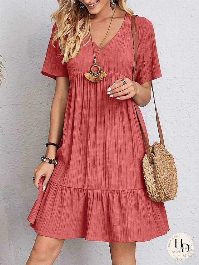 Casual Dress Shift Dress Plain Dress Plain Ruffle V Neck Midi Dress Basic Classic Outdoor Daily Short Sleeve Loose Fit Black Pink Red Spring Summer S M L XL XXL for Women