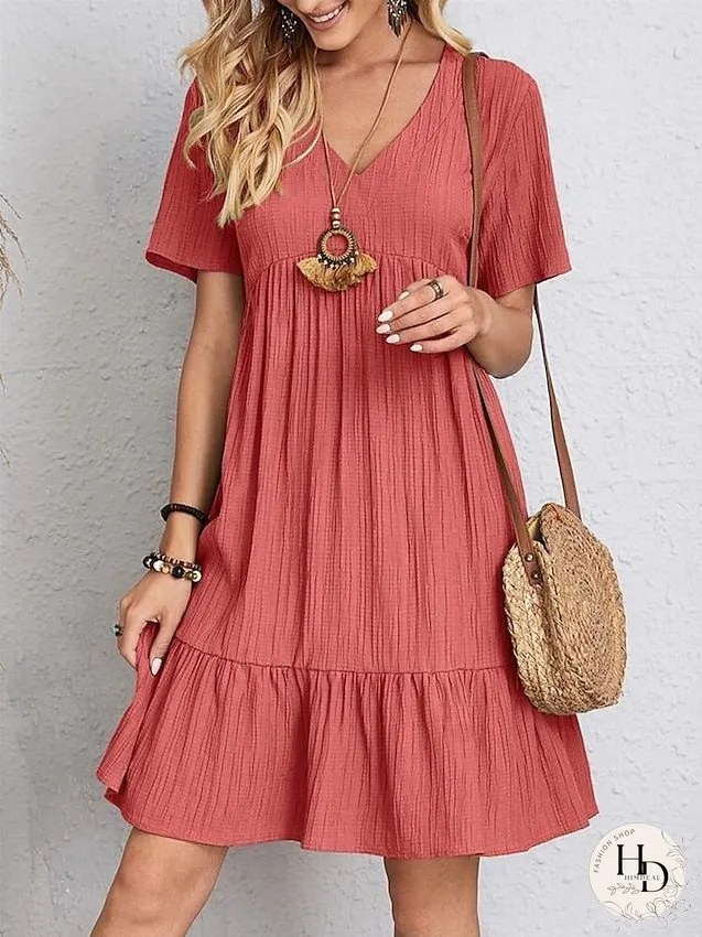 Casual Dress Shift Dress Plain Dress Plain Ruffle V Neck Midi Dress Basic Classic Outdoor Daily Short Sleeve Loose Fit Black Pink Red Spring Summer S M L XL XXL for Women