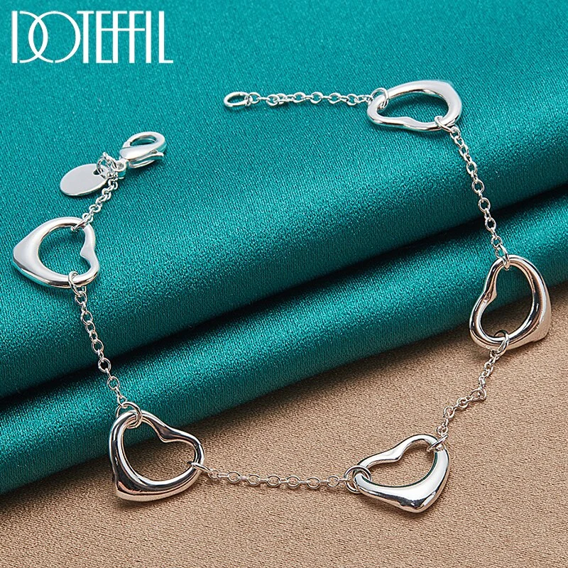 925 Sterling Silver Five Heart Chain Bracelet For Woman Jewelry