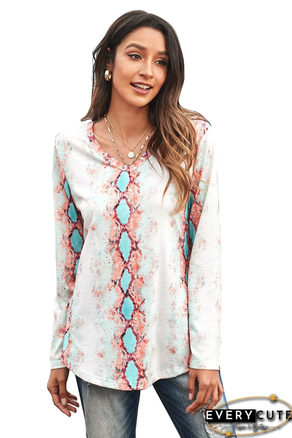 Pink Snakeskin Print V Neck Long Sleeve Top