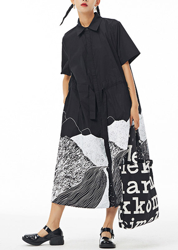 Unique Printed Long Sleeve Drawstring Pocket Shirt Midi Dress