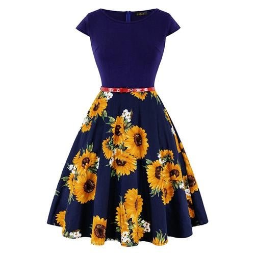 Plus Size Dress Vintage Cap Sleeve Lemon Flower Print Dress