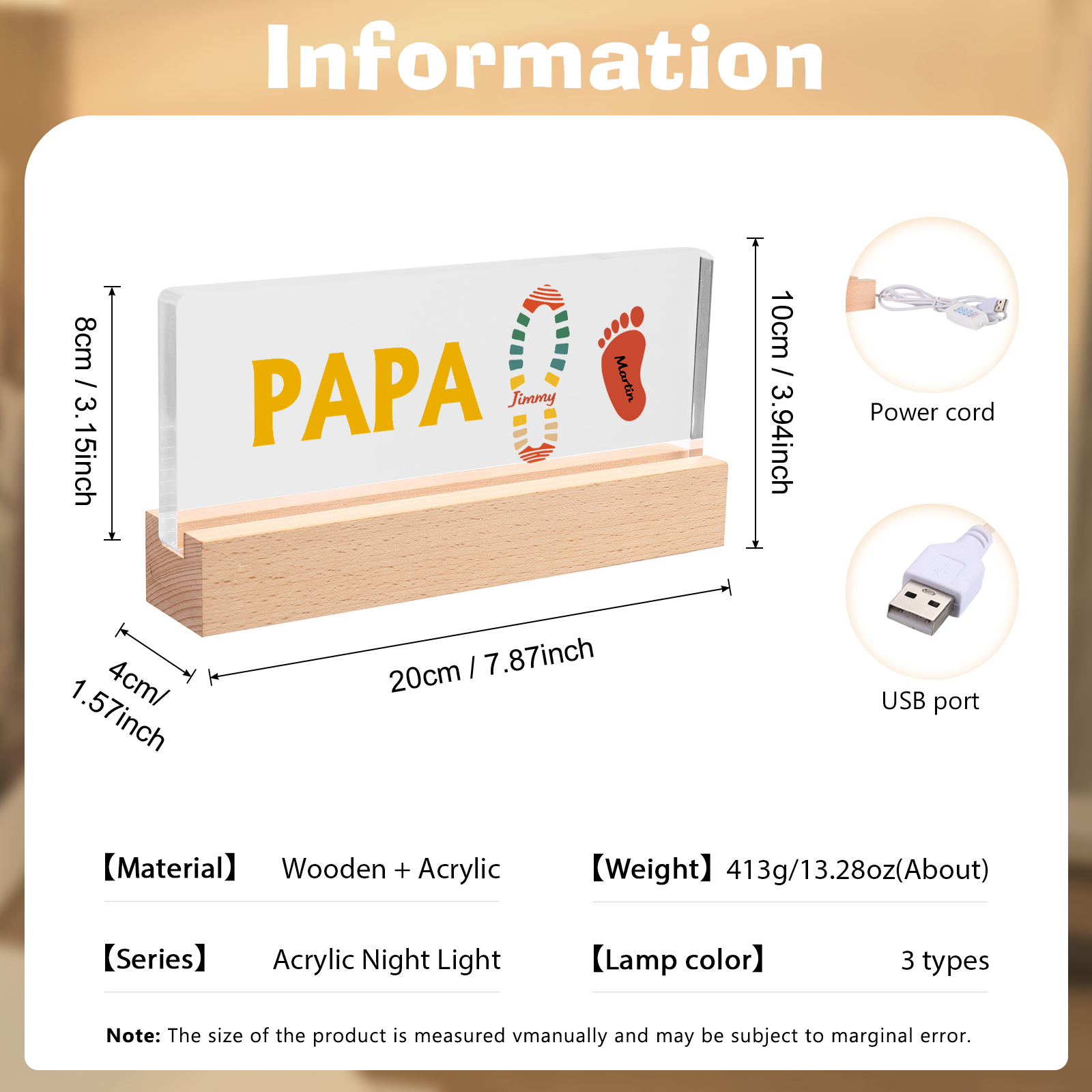 À mon Papa/Papi- Lampe de chevet LED Pieds Bébé 2 Prénoms Personnalisés avec Texte
