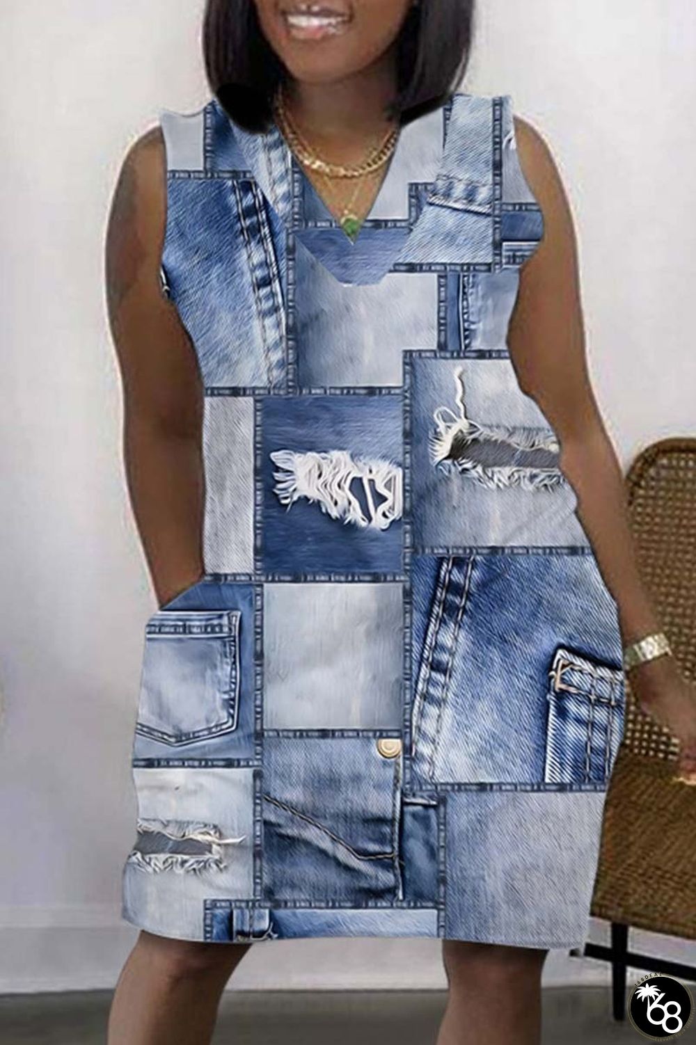 Light Blue Casual Print Basic V Neck Sleeveless Dress Dresses | 168DEAL