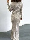 Shining Asymmetric Split-Front Long Sleeve Maxi Dress