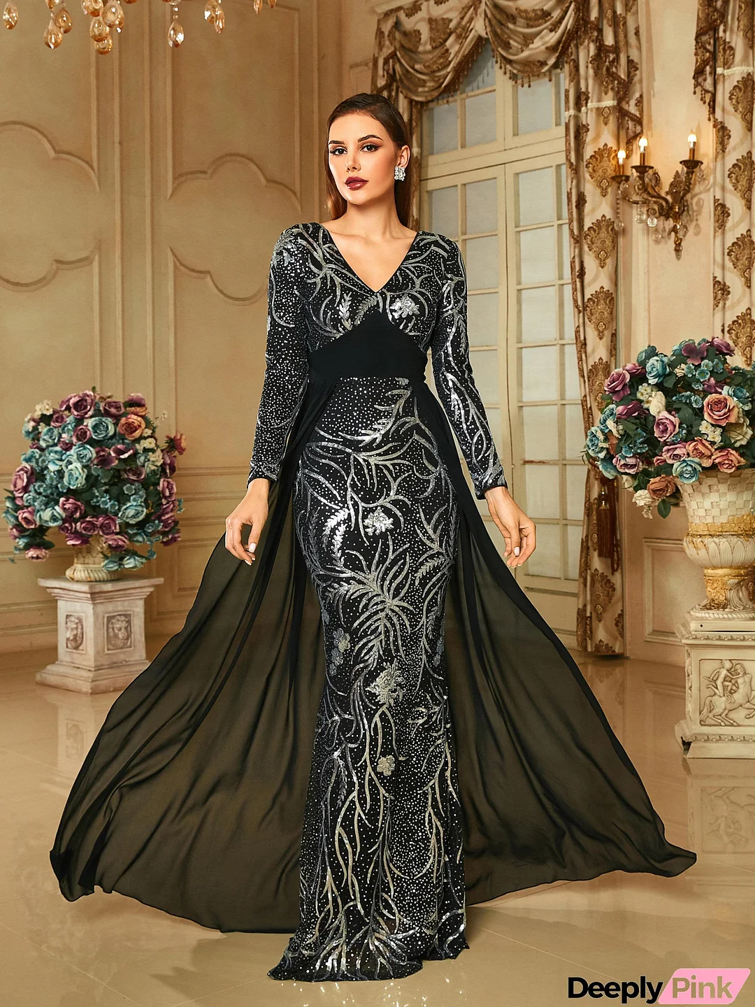 V-Neck Backless Mermaid Cloak Evening Dress RH30689