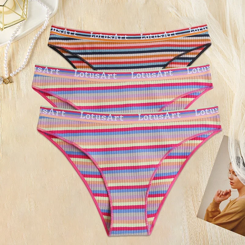 FINETOO 3PCS/Set Women Cotton Seamless Panties for Female M-XL Underwear Panty Sexy Colorful Striped Lingerie Letter Waist Brief