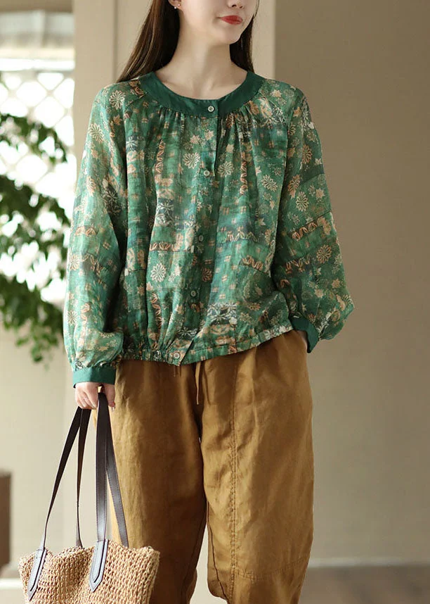 Green Print Patchwork Linen Blouses O Neck Wrinkled Button Spring