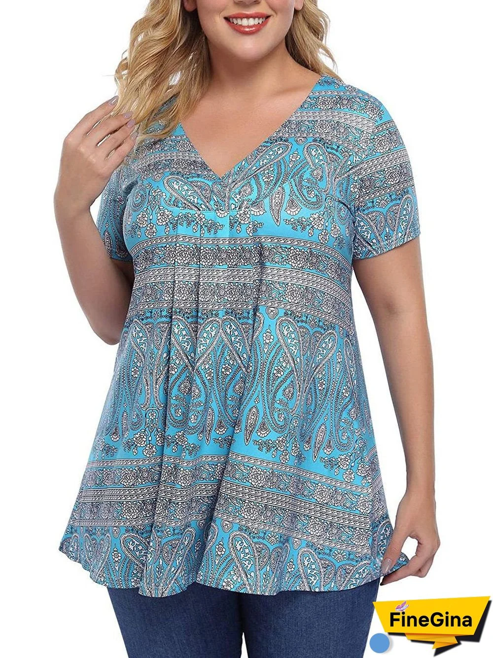 Women's Floral Printed Loose Pleated Short Sleeve V-neck Top