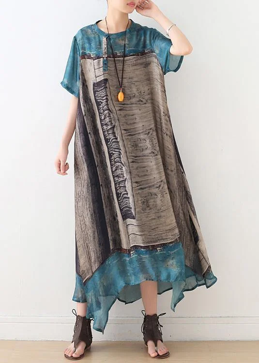 Loose blue gray print chiffon Wardrobes Korea Work o neck asymmetric A Line summer Dress