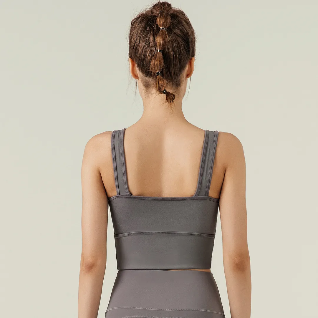 Different types of women's v neck u back wide stretchy straps gym yoga support tank tops online shopping on Hergymclothing Titanium Gray