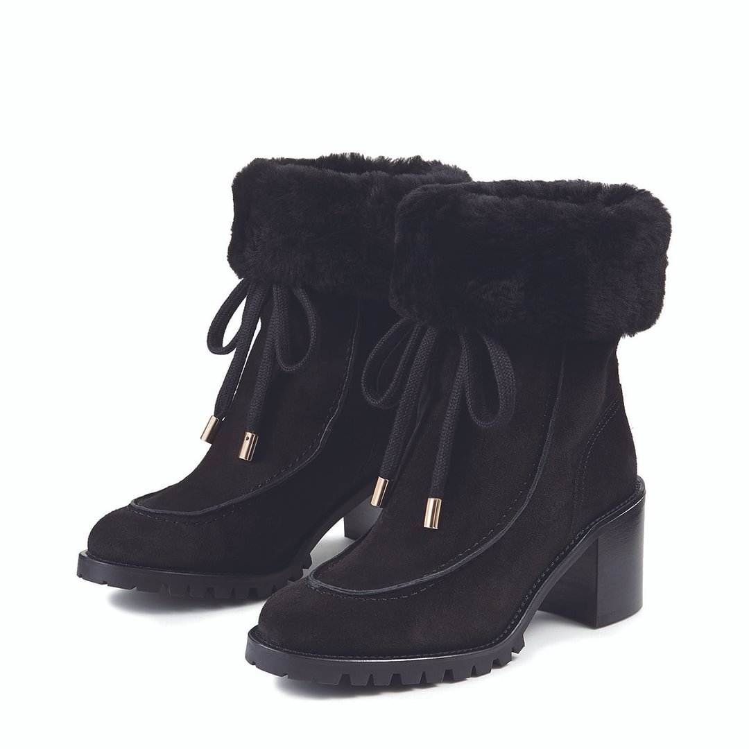 Black Tie Styling Faux Fur Round Toe Block Heeled Ankle Boots