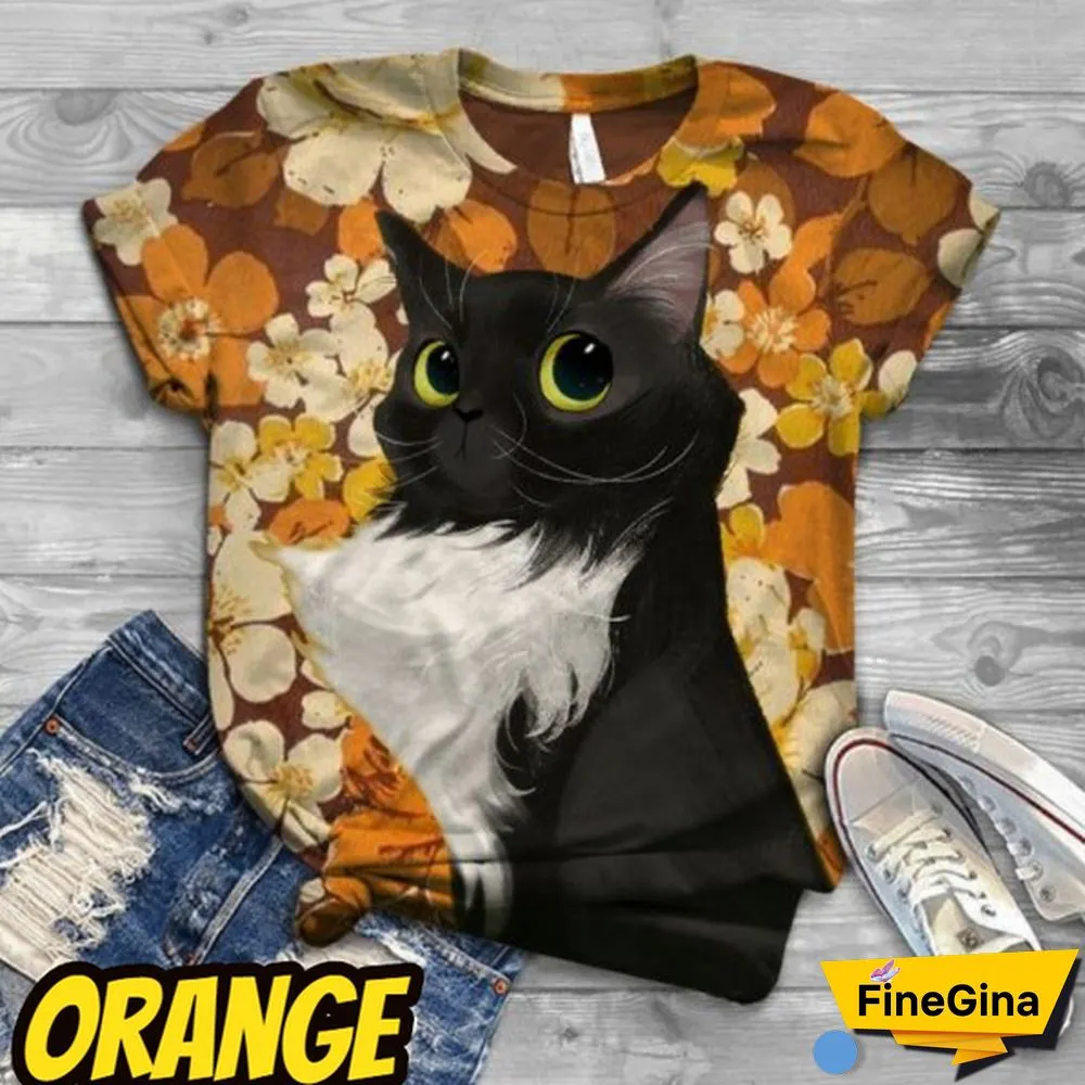 Cute Cat Printed T Shirt Fashion Women O Neck Loose Top Family Casual Funny Animals Graphic Tee Short Sleeves Top Plus Size XS-5XL