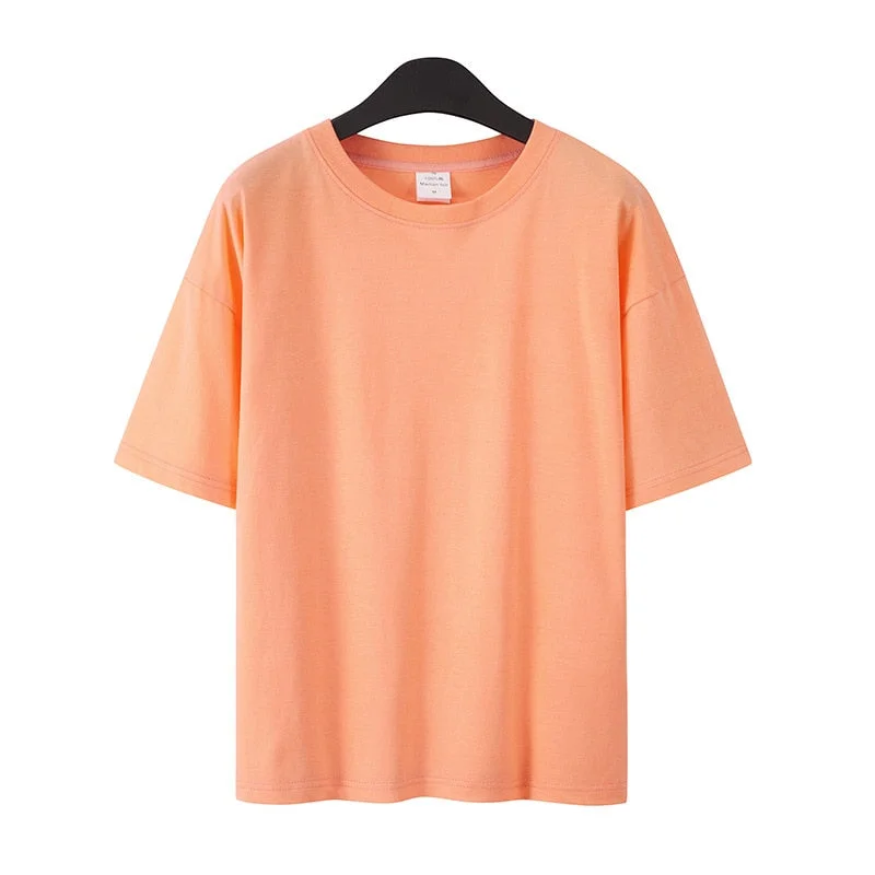 Summer T-Shirts Women Short Sleeve Lovers T shirt 100% Cotton Loose Lady Tops Tees Casual Solid Color White