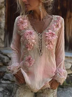 Vintage Flowers Lace Sequins Dyed Linen Tunic