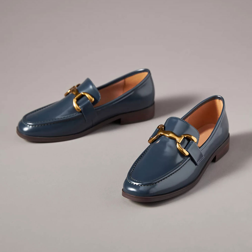Navy Patent Leather Round Toe Horsebit Classic Loafer Shoes Women Nicepairs