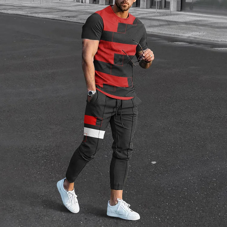 Men's Colorblock Geometric Print T-Shirt And Pants Co-Ord