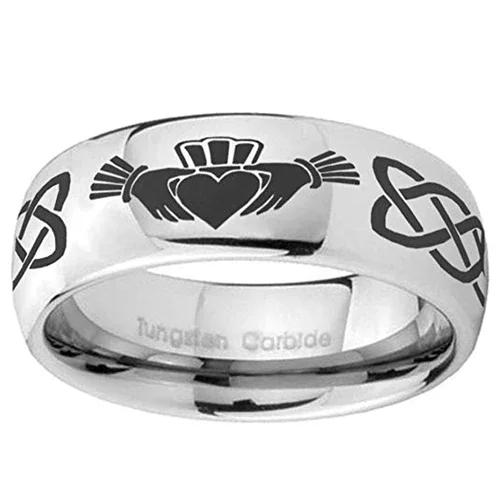 6MM 8MM Men's or Women's Irish Claddagh Tungsten Carbide Embrace Love Heart Wedding Rings Silver and Black Laser Etched Celtic Knot with Heart in Hands