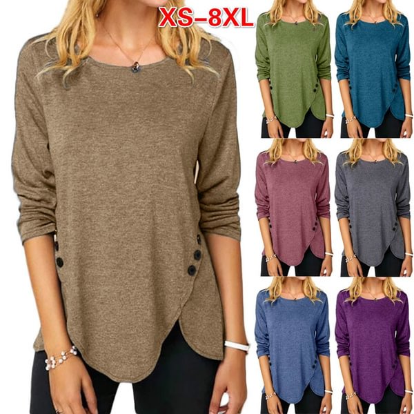 XS-8XL Fashion Clothes Autumn and Winter Tops Women's Causal Solid Color Irregular Shirts Round Neck Button Stitching Loose Blouses Ladies Plus Size Pullover Sweatshirts Long Sleeve Cotton T-shirts - BlackFridayBuys