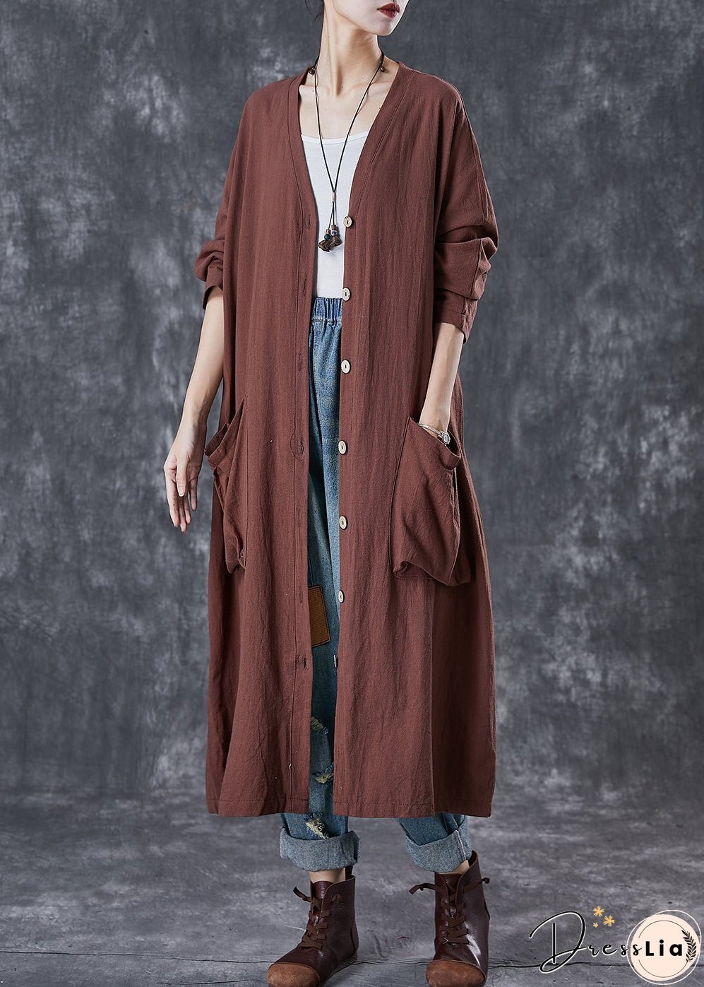 Modern Chocolate Oversized Pockets Linen Trench Spring