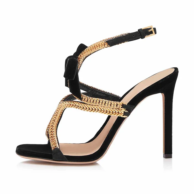 Black and Gold Chain Embellished Open Toe Slingback High Heel Shoes |FSJ Shoes