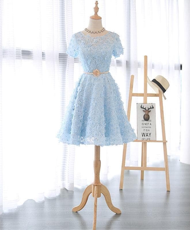 Cute Blue Lace Short Prom Dress, Blue Homecoming Dress