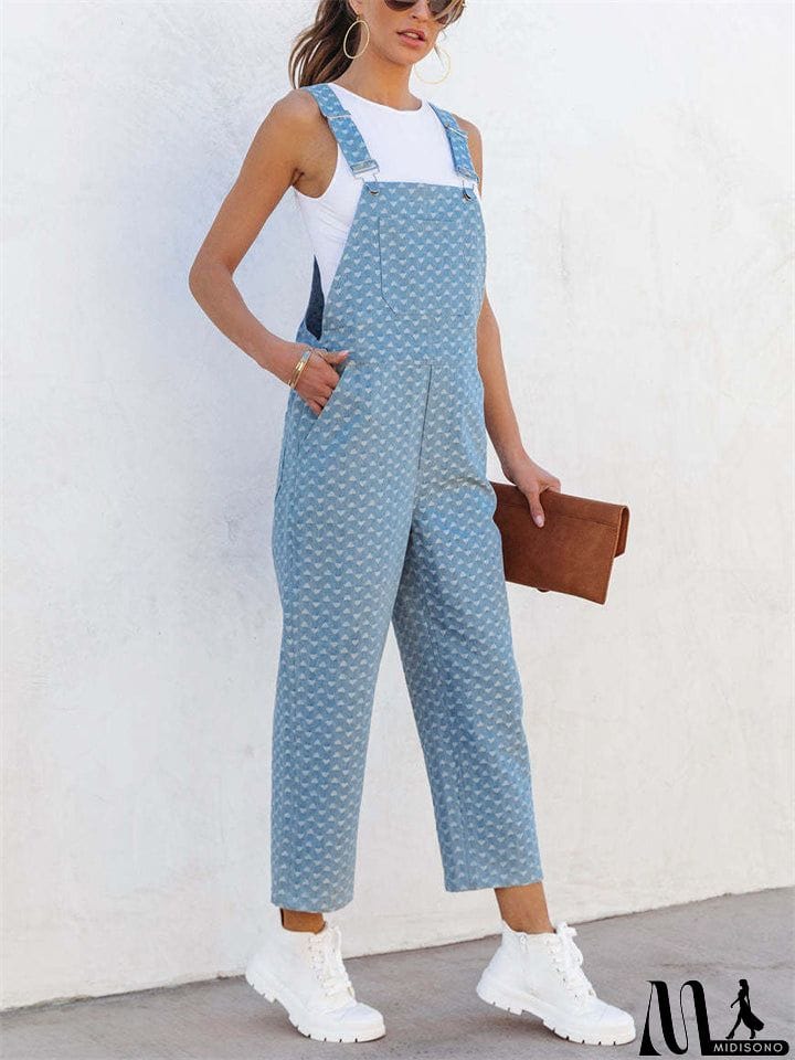 MidiSono - Trendy Ladies Light Blue Polka Dot Denim Jumpsuits
