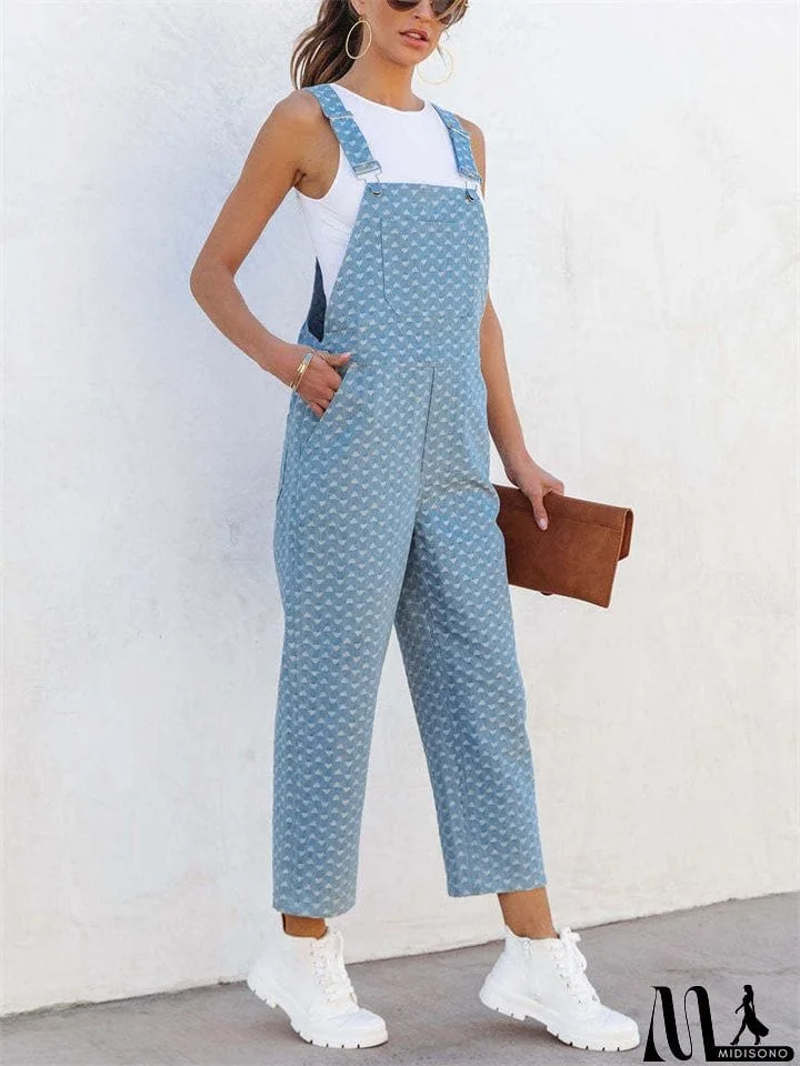 MidiSono - Trendy Ladies Light Blue Polka Dot Denim Jumpsuits