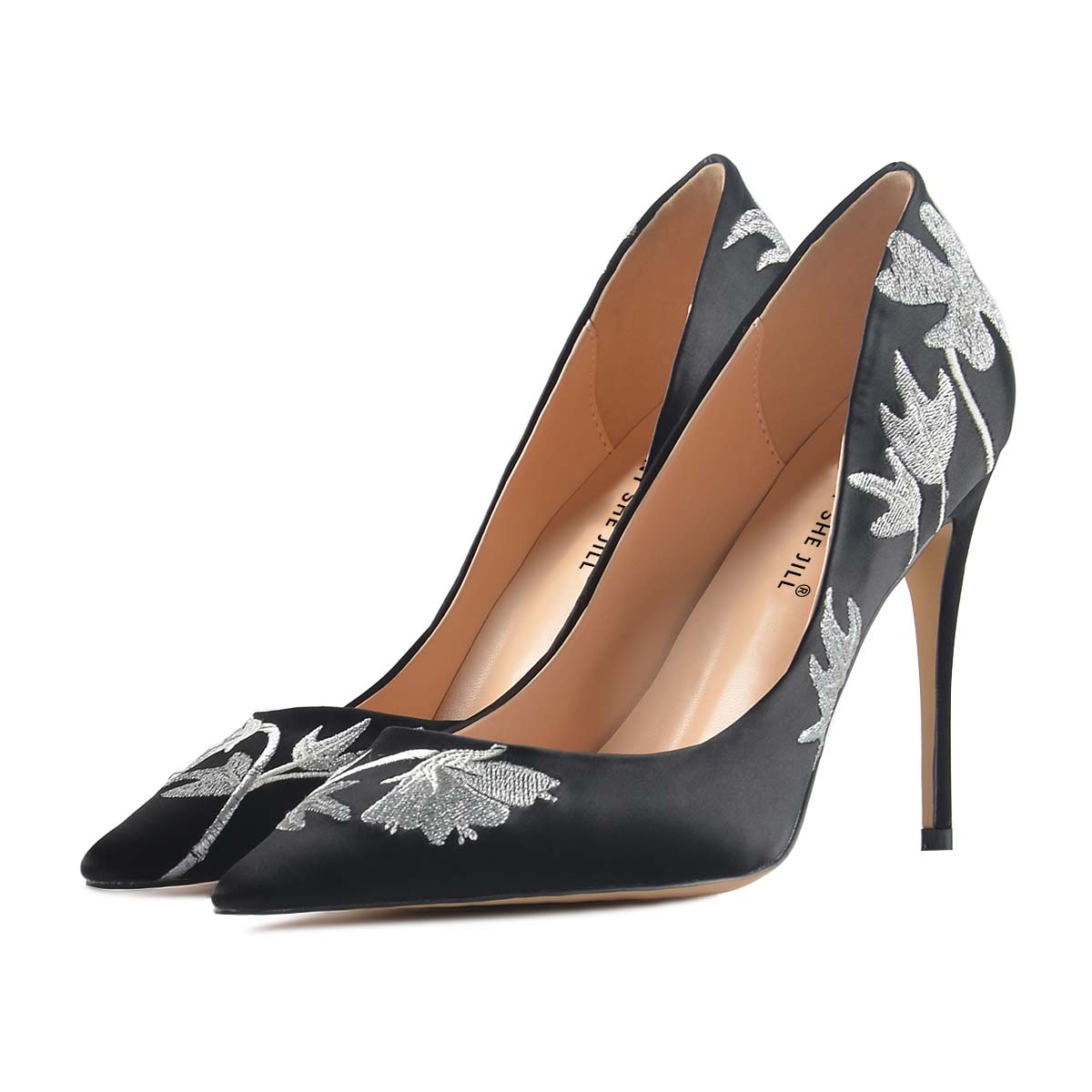 Satin Embroidered Pumps Pointed Toe Heels Everyday Classic Shoes