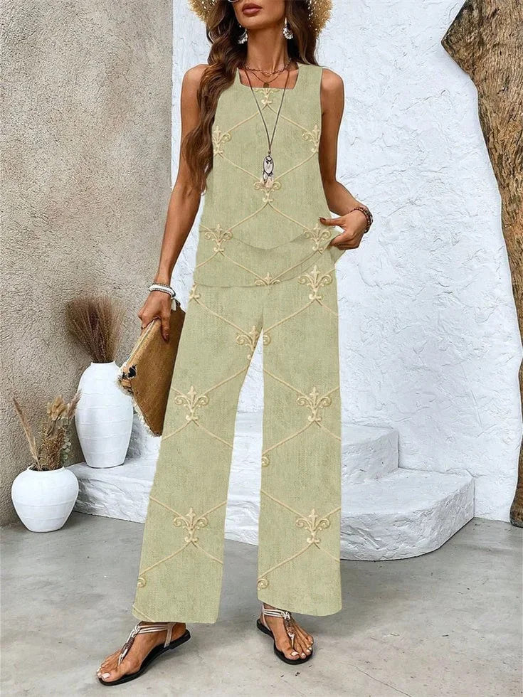 Women's Sleeveless Square Collar Graphic Printed Casual Set