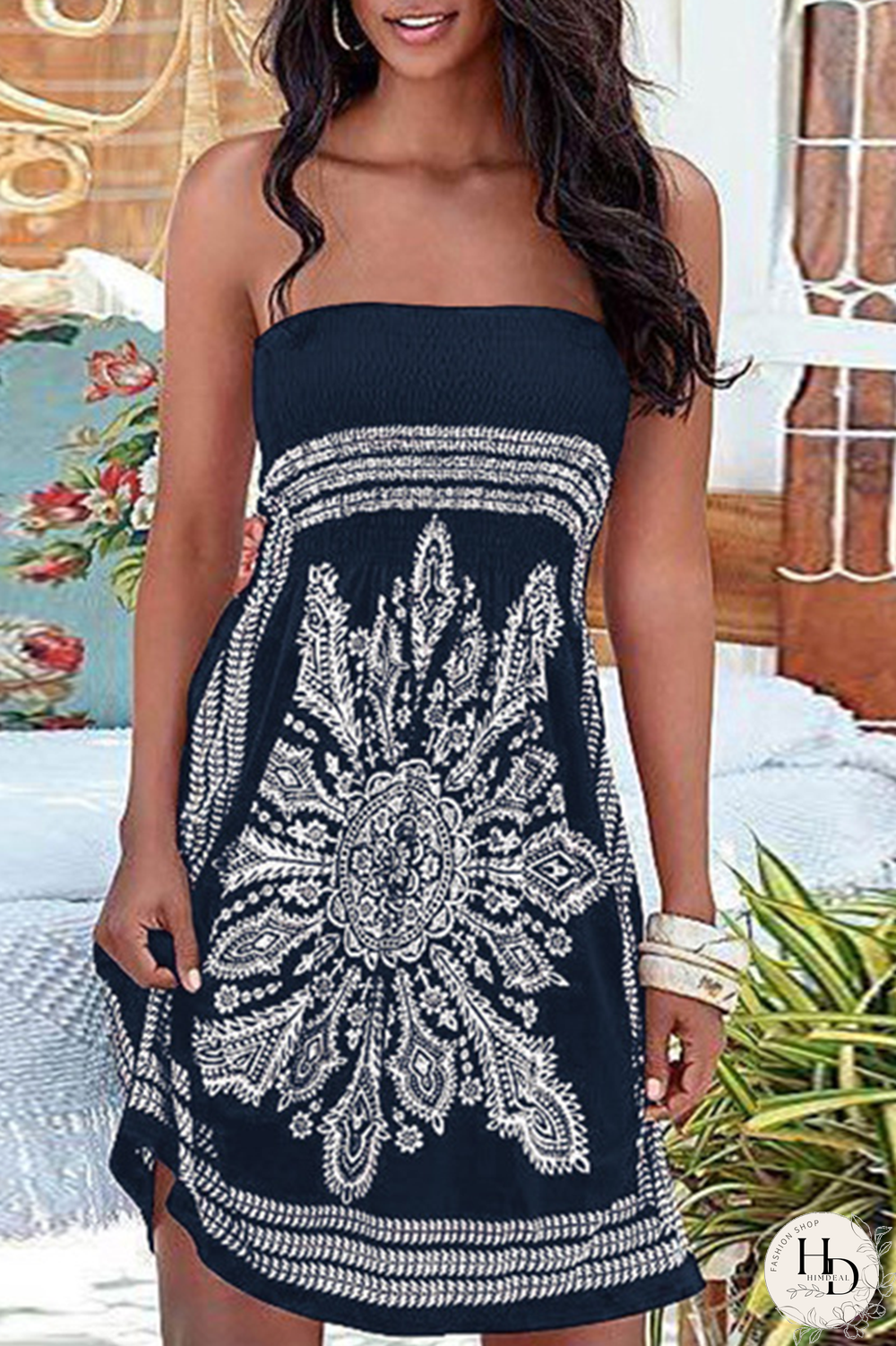 Vintage Print Patchwork Strapless Straight Dresses(6 Colors)