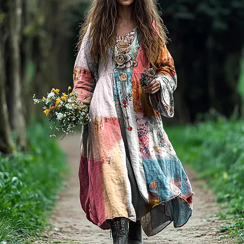 Women's Vintage Bohemian Floral Patch V-neck Cotton And Linen Dress