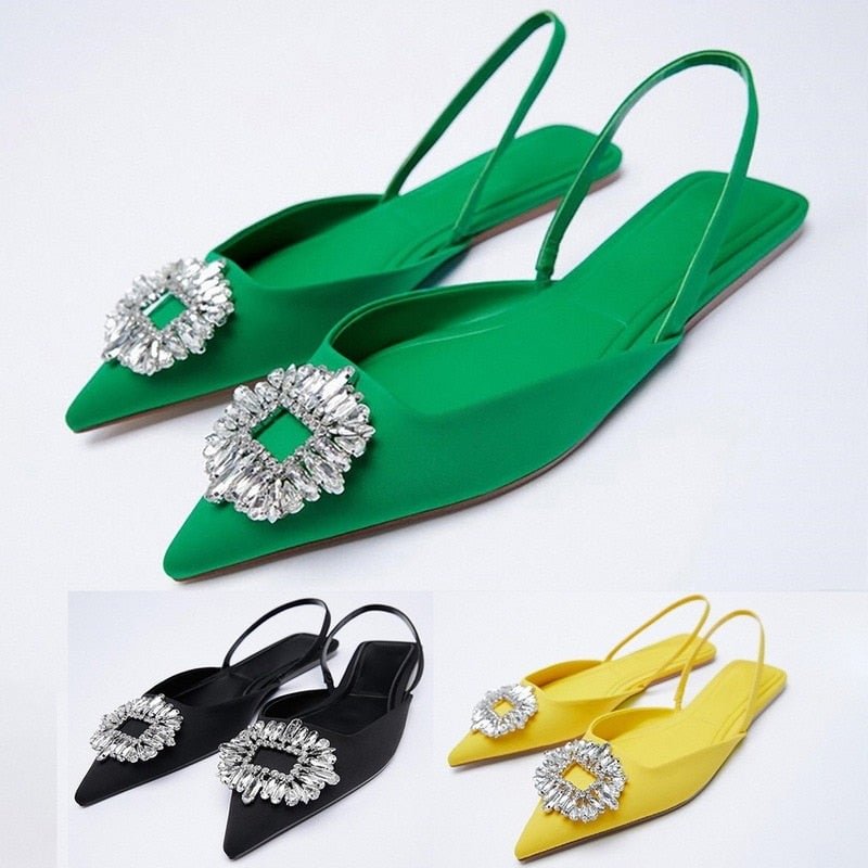 Fashion Pointed Toe Sequin Buckle Slippers For Women Shallow Mouth Back Strappy Low Heel Sandals Women Summer 2021 Flat Shoes