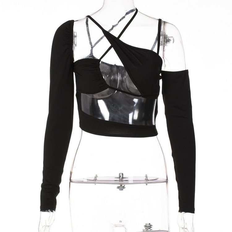 Hugcitar Women Pure Halter Single Shoulder Long Sleeve Bandage Drawstring Crop Top 2021 Fall Streetwear Outfit Fashion Y2K Party