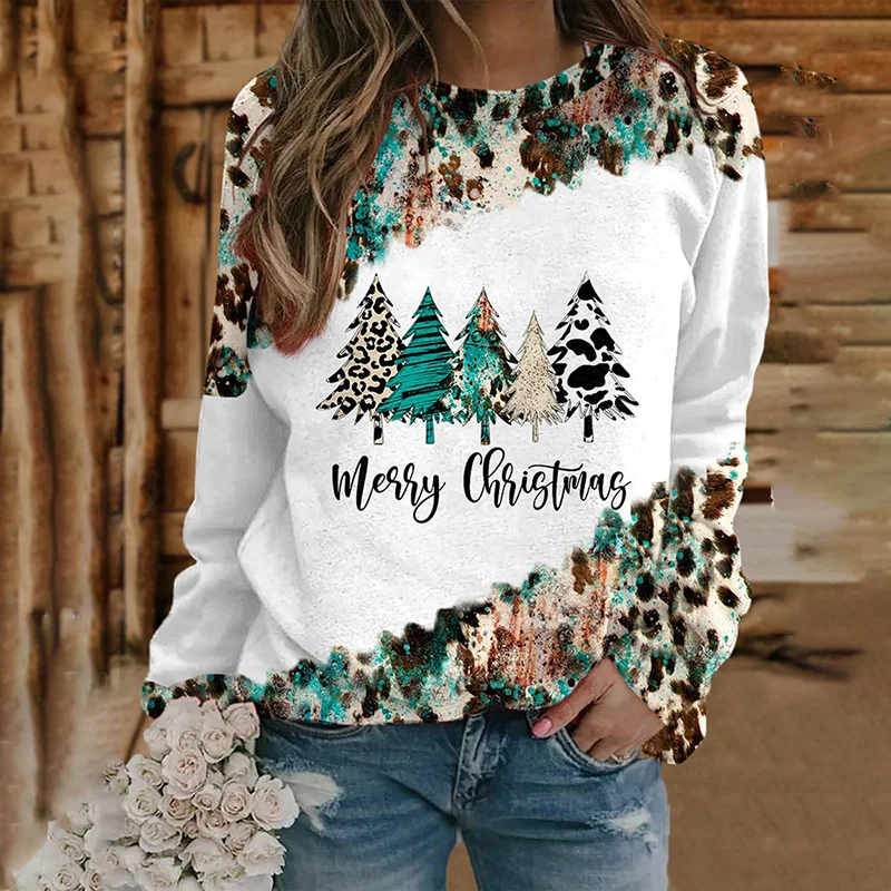 Women's Western Turquoise Christmas Tree Print Casual Sweatshirt