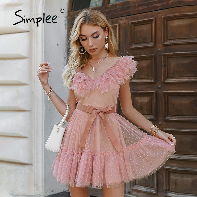 Simplee Holiday polka dot ruffle A-line v-neck tulle dress women Elegant lace up sleeveless party vestido Female lace mini dress