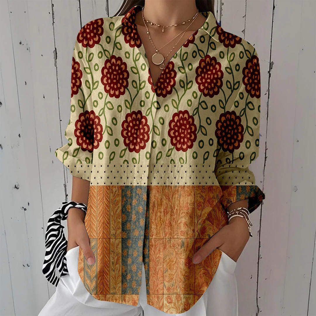 Style & Comfort for Mature Women Women Bohemian,Beige,Orange DZCL0292 3/4 Sleeve Shirt Collar Printed Button Tops