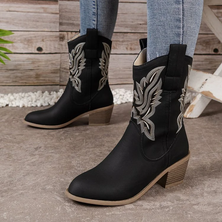 Breakj Breakj Women's Embroidery Sleeves Vintage Boots Vintage Mid-Cute Head Western Cowboy Boots For Fall/Winter 2025
