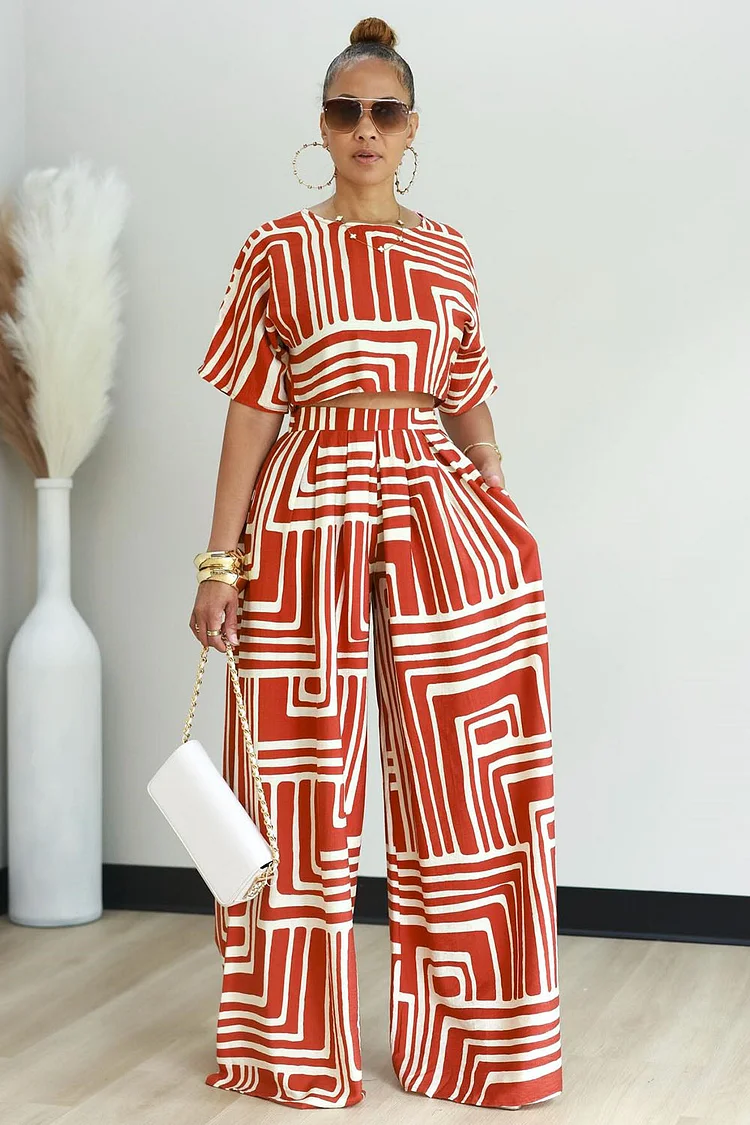 Rectangle Print Crop Top Wide Leg Pants Daily 2pcs Set-Orange