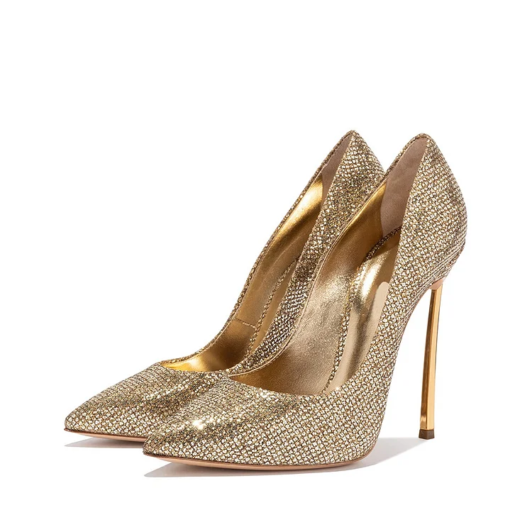 Gold Glitter Shoes Stiletto Heel Pumps for Women |FSJ Shoes
