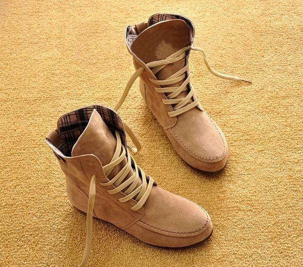 GOOSHOE Autumn Solid Color Lace Up Flat Short Boots