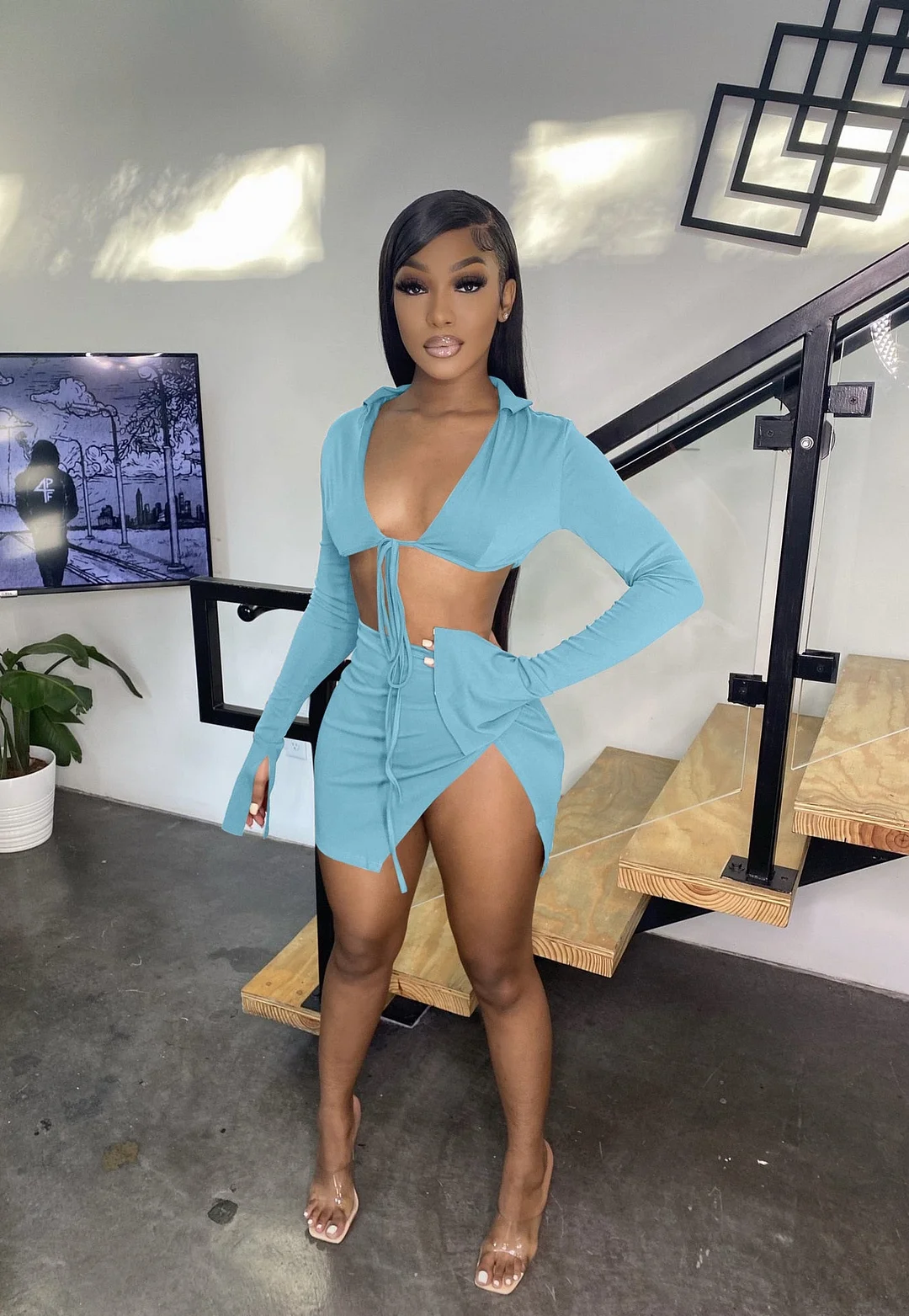 CM.YAYA Women Side Split Mini Midi Skirts Suit and Lace Up Mini Shirt Tops Beach Holiday Sexy Matching Two 2 Piece Set Outfits