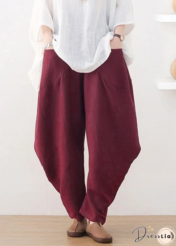 Plus Size Wine Red Pockets Wide Leg Pants Fall