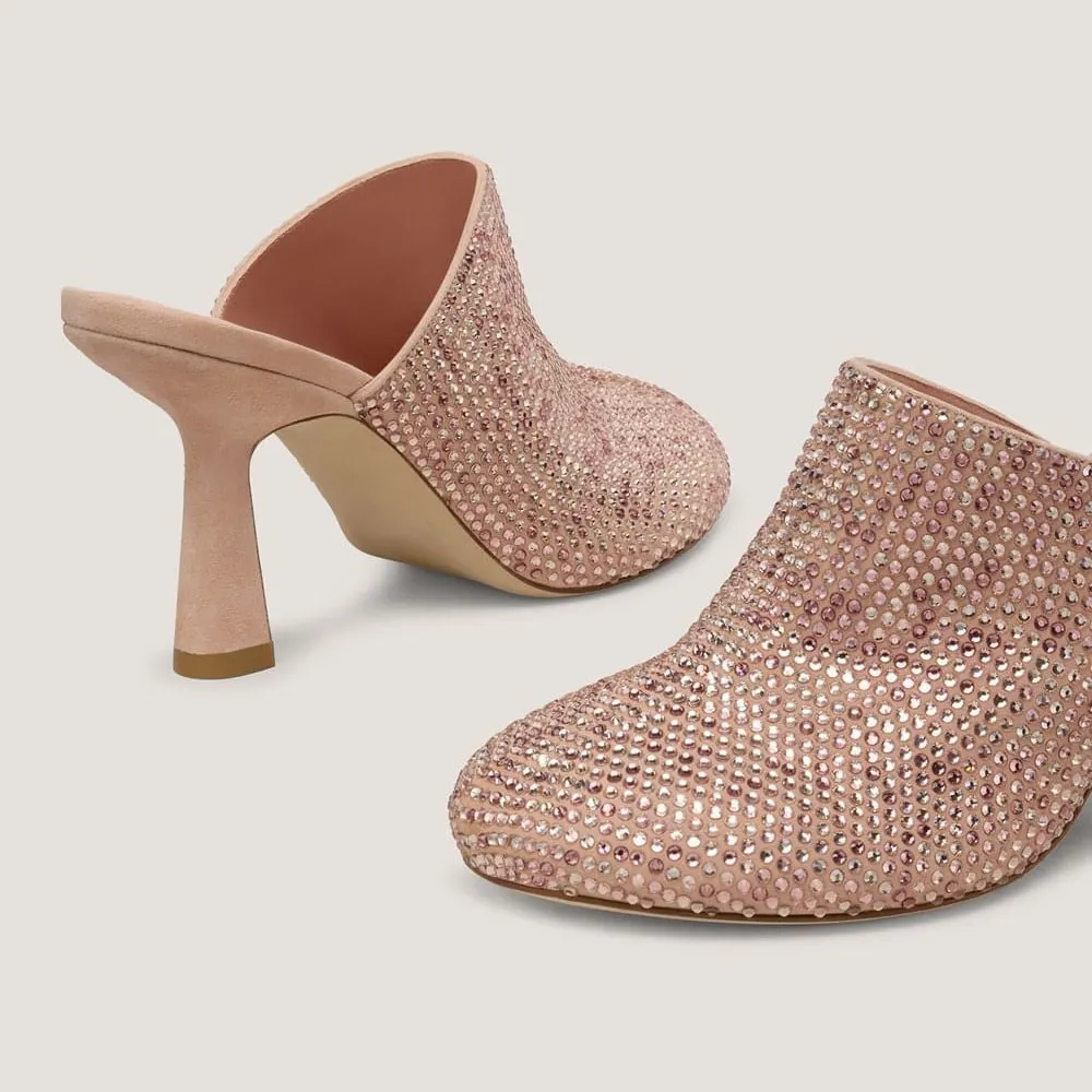 Pink Vegan Suede Rhinestone Round Toe Flared Heeled Mules