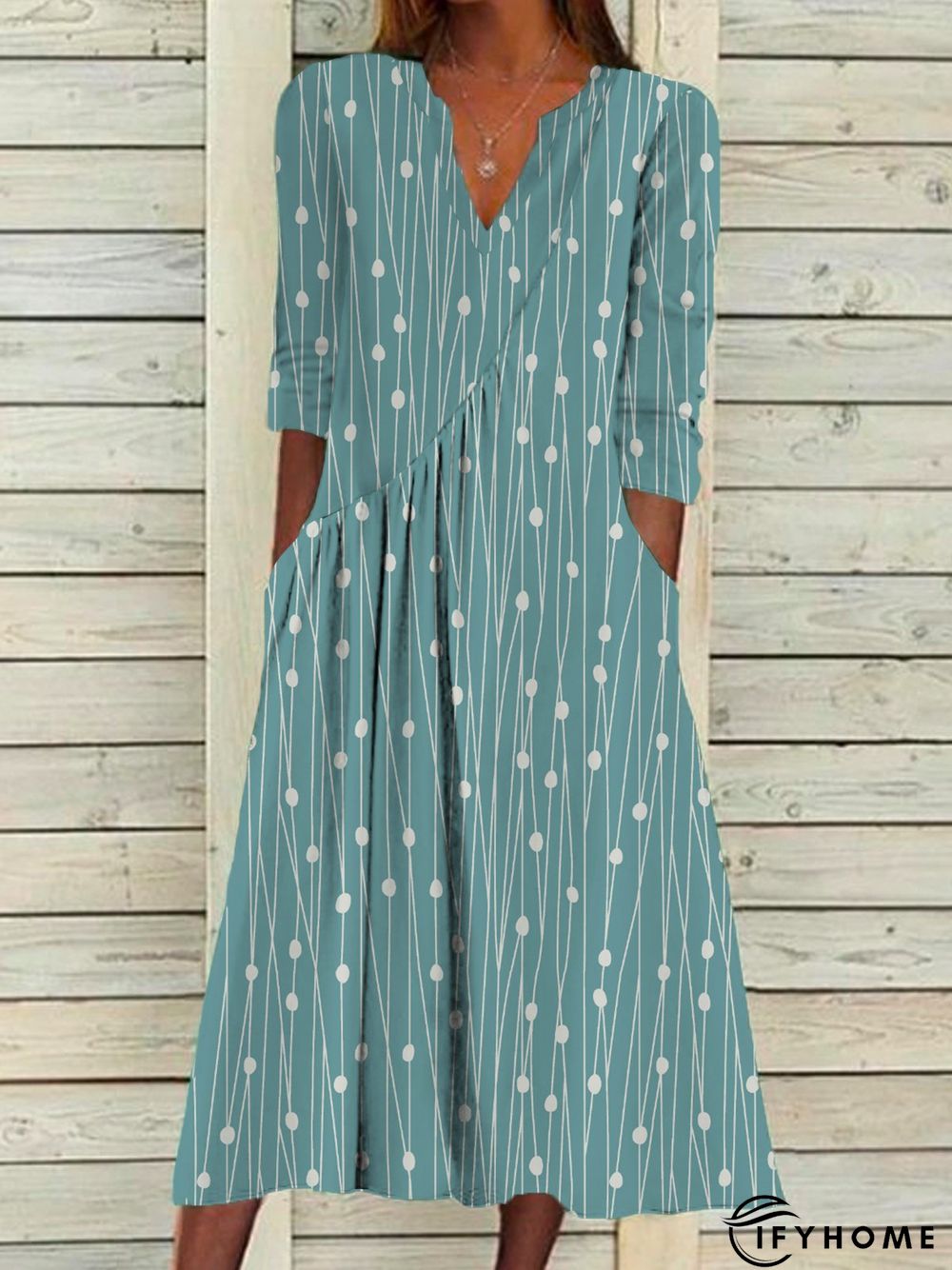 Women Polka Dots Casual Autumn Polyester V neck Micro-Elasticity Daily Loose A-Line Dress | IFYHOME