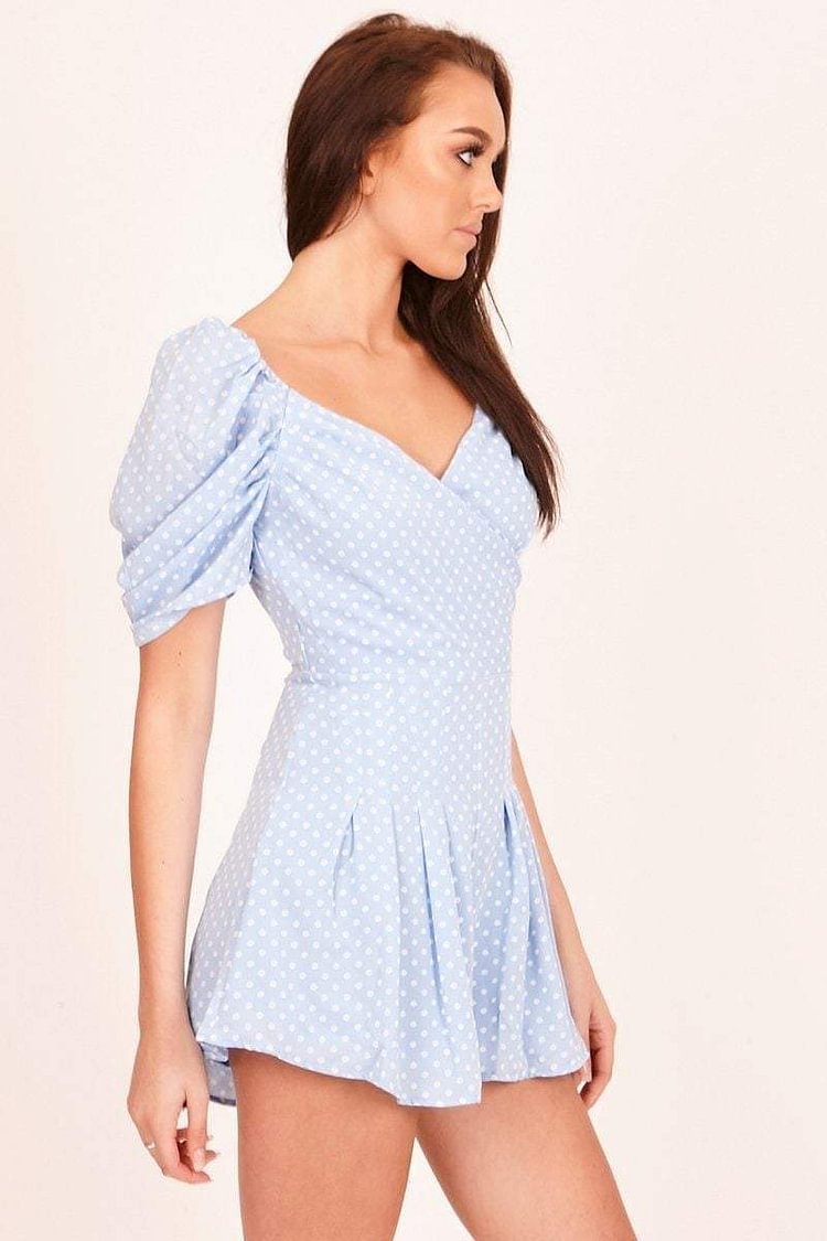 Blue Polka Dot Puff Sleeve Playsuit Katch Me