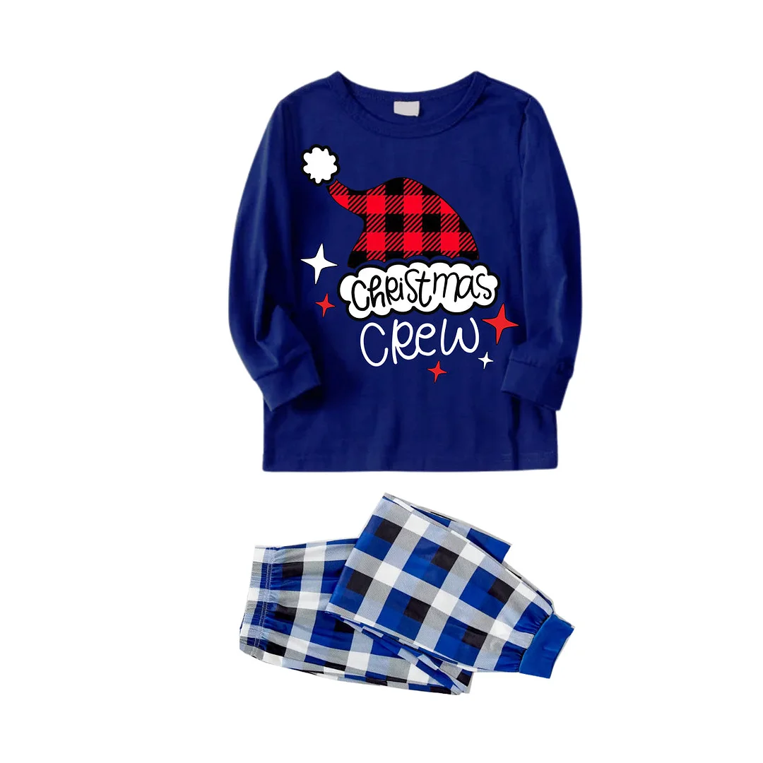 Plaid Santa Hat Pattern 2024 Blue Long Sleeves with Blue&White&Black Plaid Pants Family Matching Pajamas