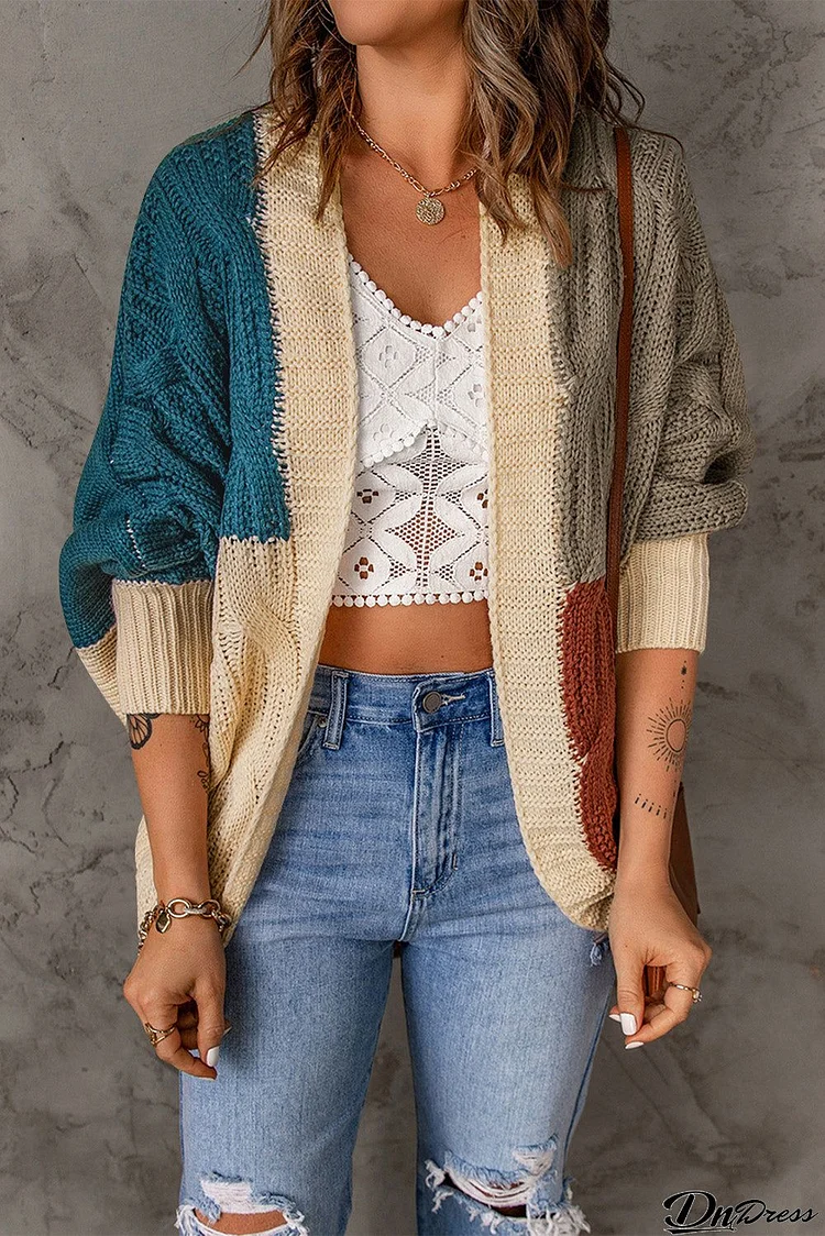 Khaki Color Block Loose Cardigan