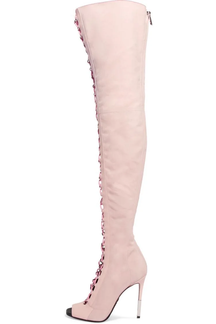 Blush Lace up Boots Peep Toe Knee Over Boots Fashion Boots |FSJ Shoes